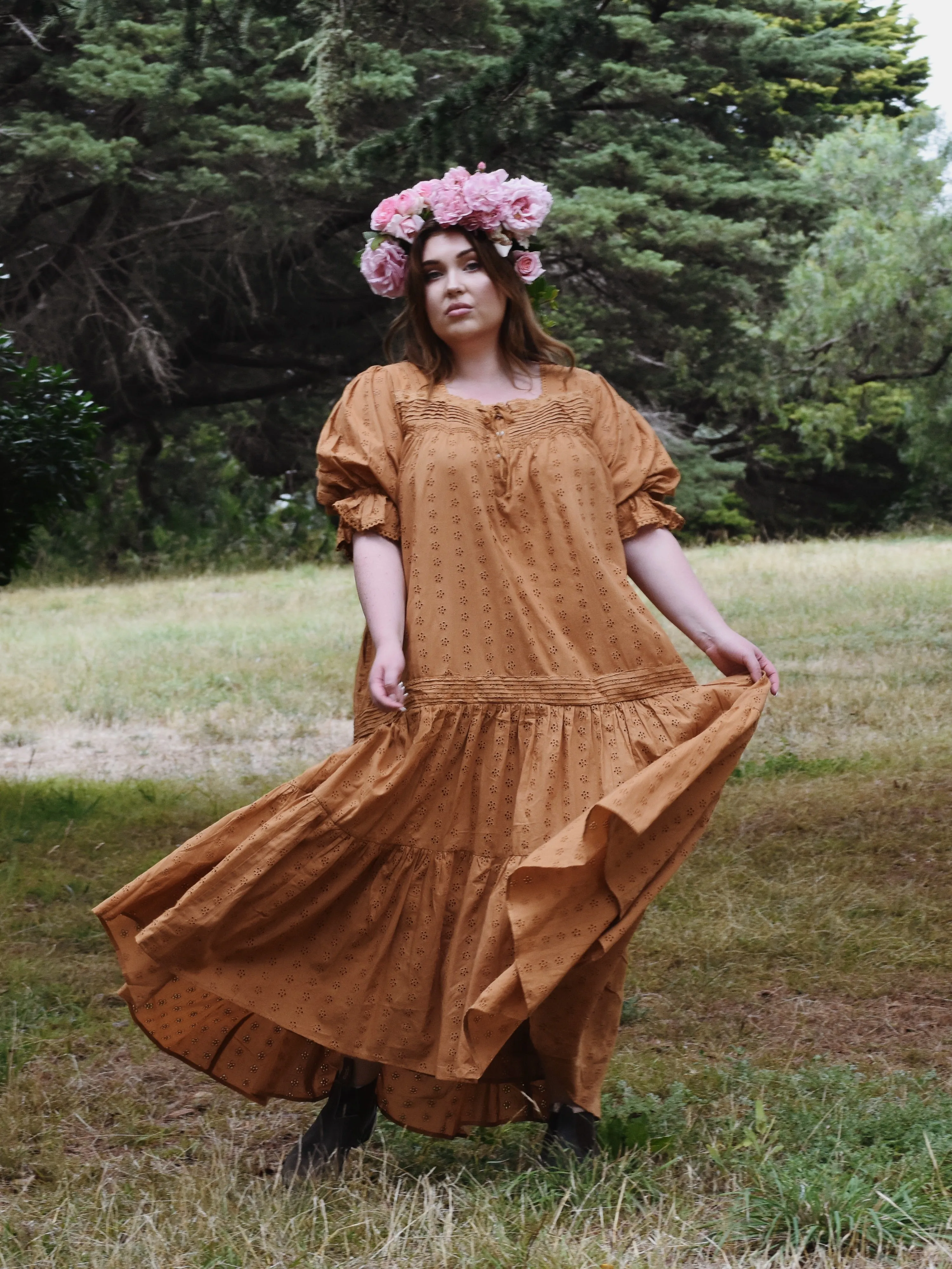 100% RECYCLED COTTON - MORNING SONG HAND SMOCKED TIERED DRESS - COPPER