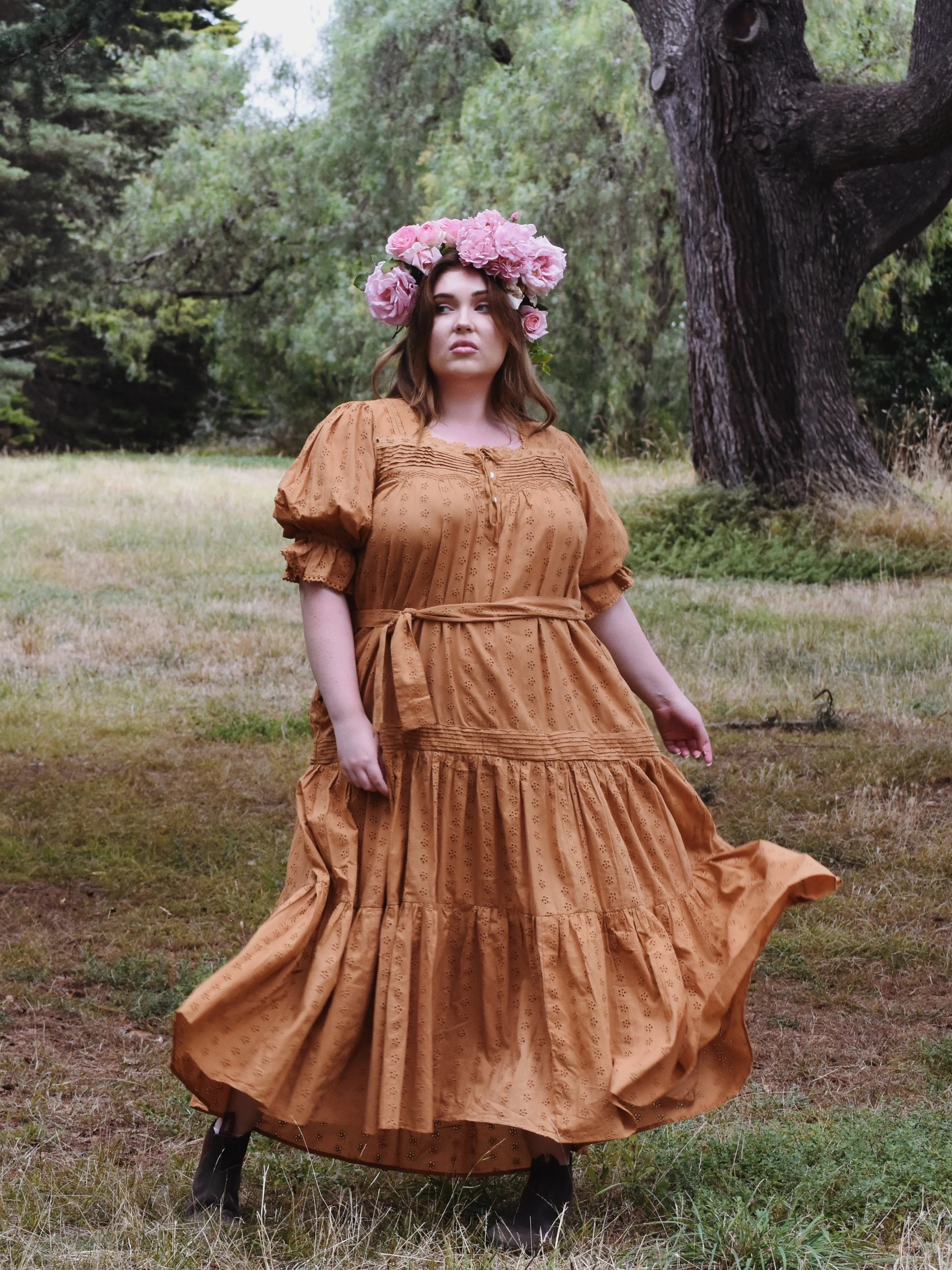 100% RECYCLED COTTON - MORNING SONG HAND SMOCKED TIERED DRESS - COPPER