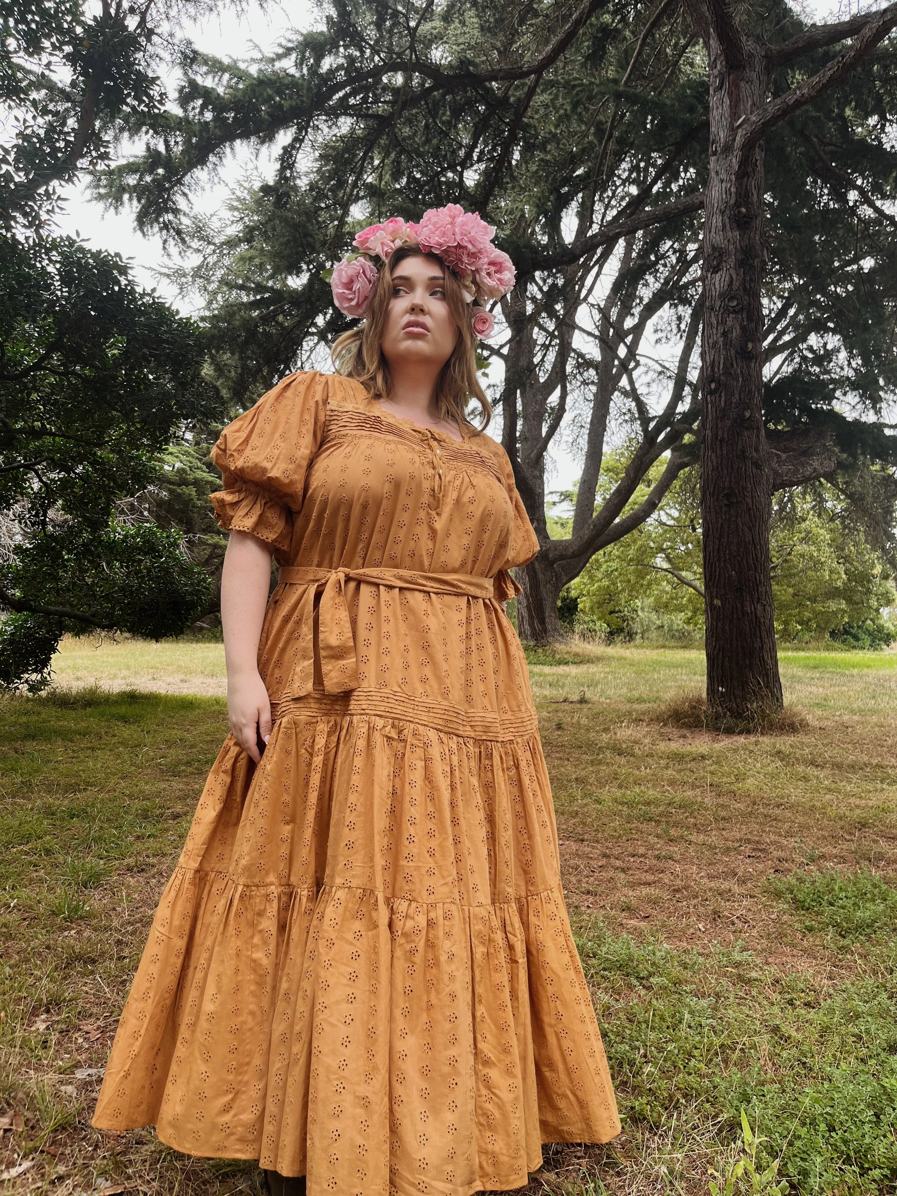 100% RECYCLED COTTON - MORNING SONG HAND SMOCKED TIERED DRESS - COPPER