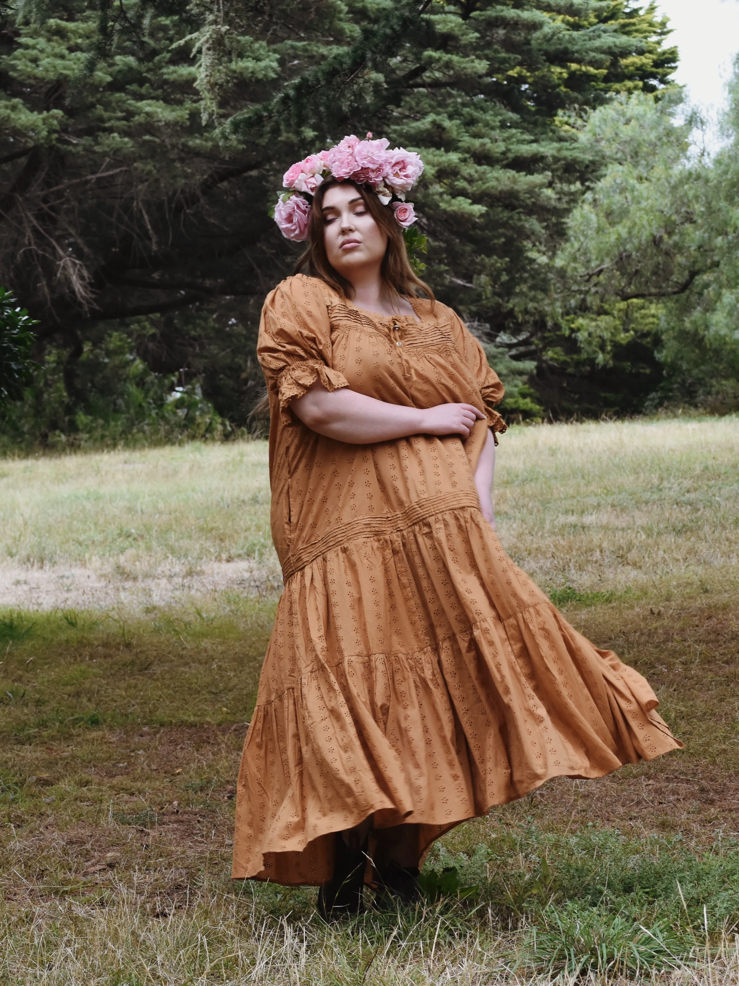 100% RECYCLED COTTON - MORNING SONG HAND SMOCKED TIERED DRESS - COPPER