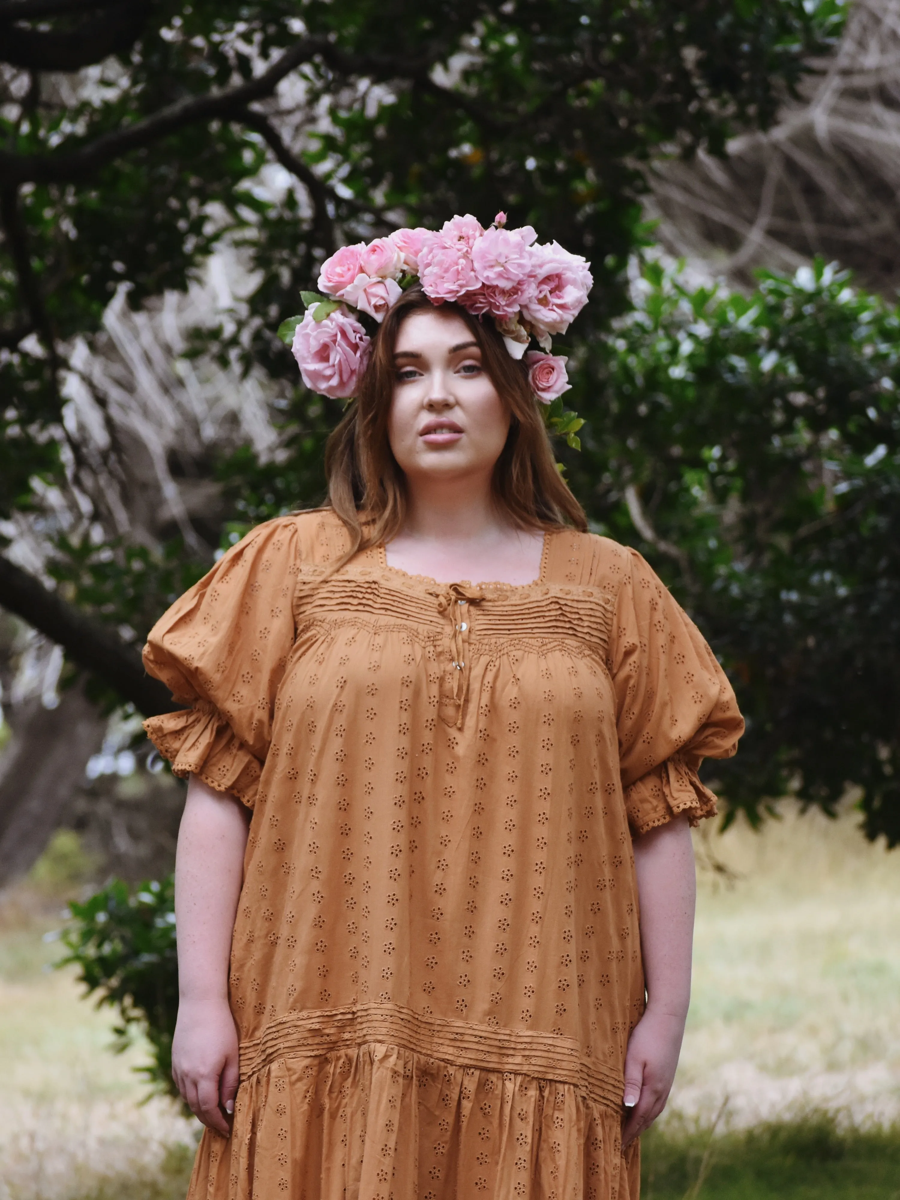 100% RECYCLED COTTON - MORNING SONG HAND SMOCKED TIERED DRESS - COPPER