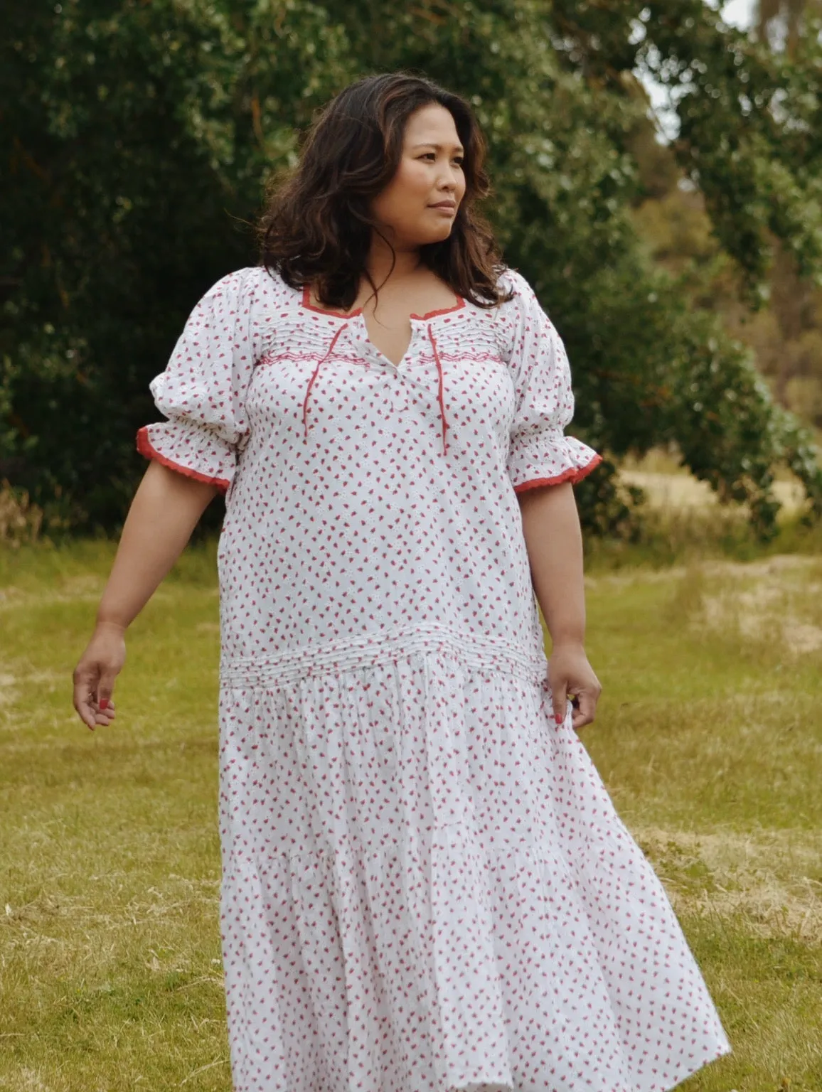 100% RECYCLED COTTON - MORNING SONG HAND SMOCKED TIERED DRESS - STRAWBERRY EMBROIDERED COTTON