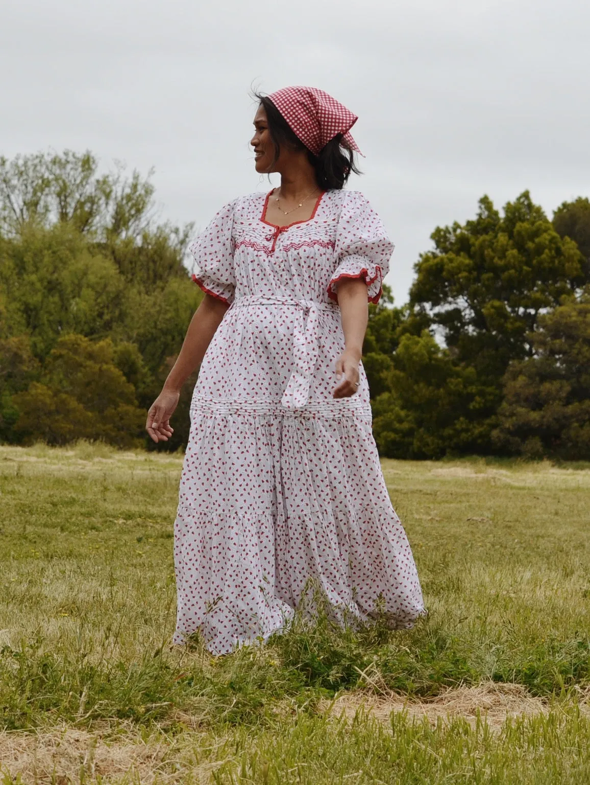 100% RECYCLED COTTON - MORNING SONG HAND SMOCKED TIERED DRESS - STRAWBERRY EMBROIDERED COTTON