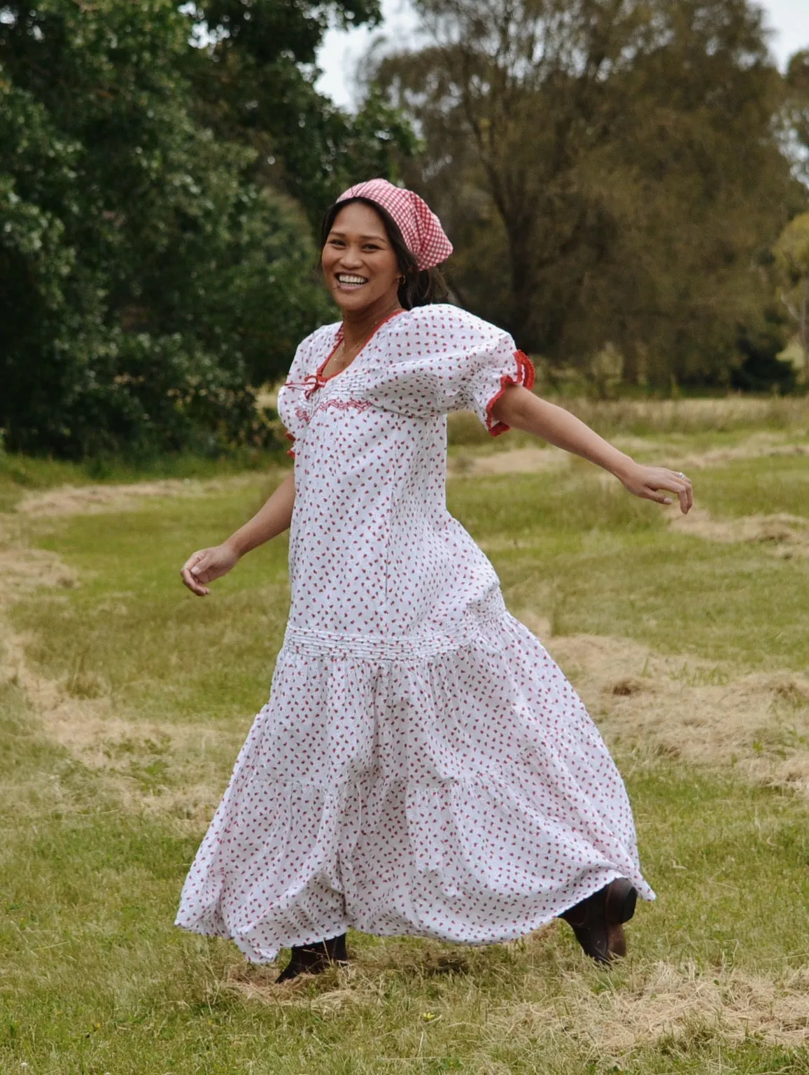 100% RECYCLED COTTON - MORNING SONG HAND SMOCKED TIERED DRESS - STRAWBERRY EMBROIDERED COTTON