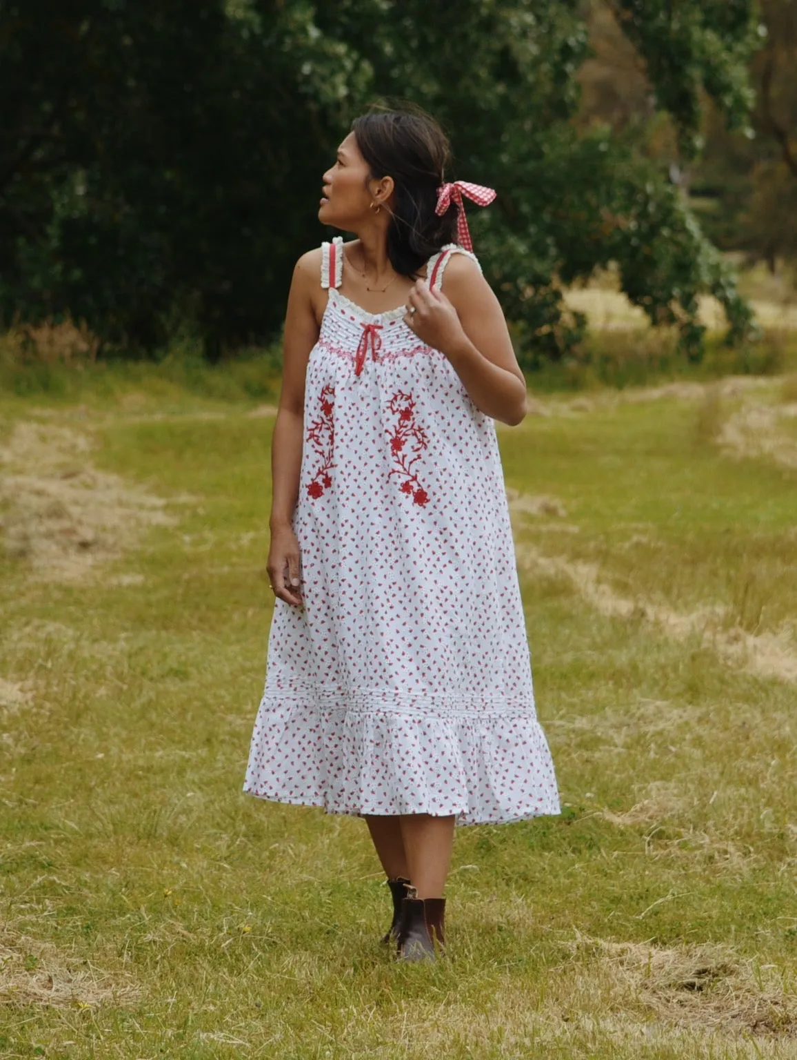 100% RECYCLED COTTON - NIGHTINGALE HAND SMOCKED DRESS STRAWBERRY EMBROIDERED COTTON