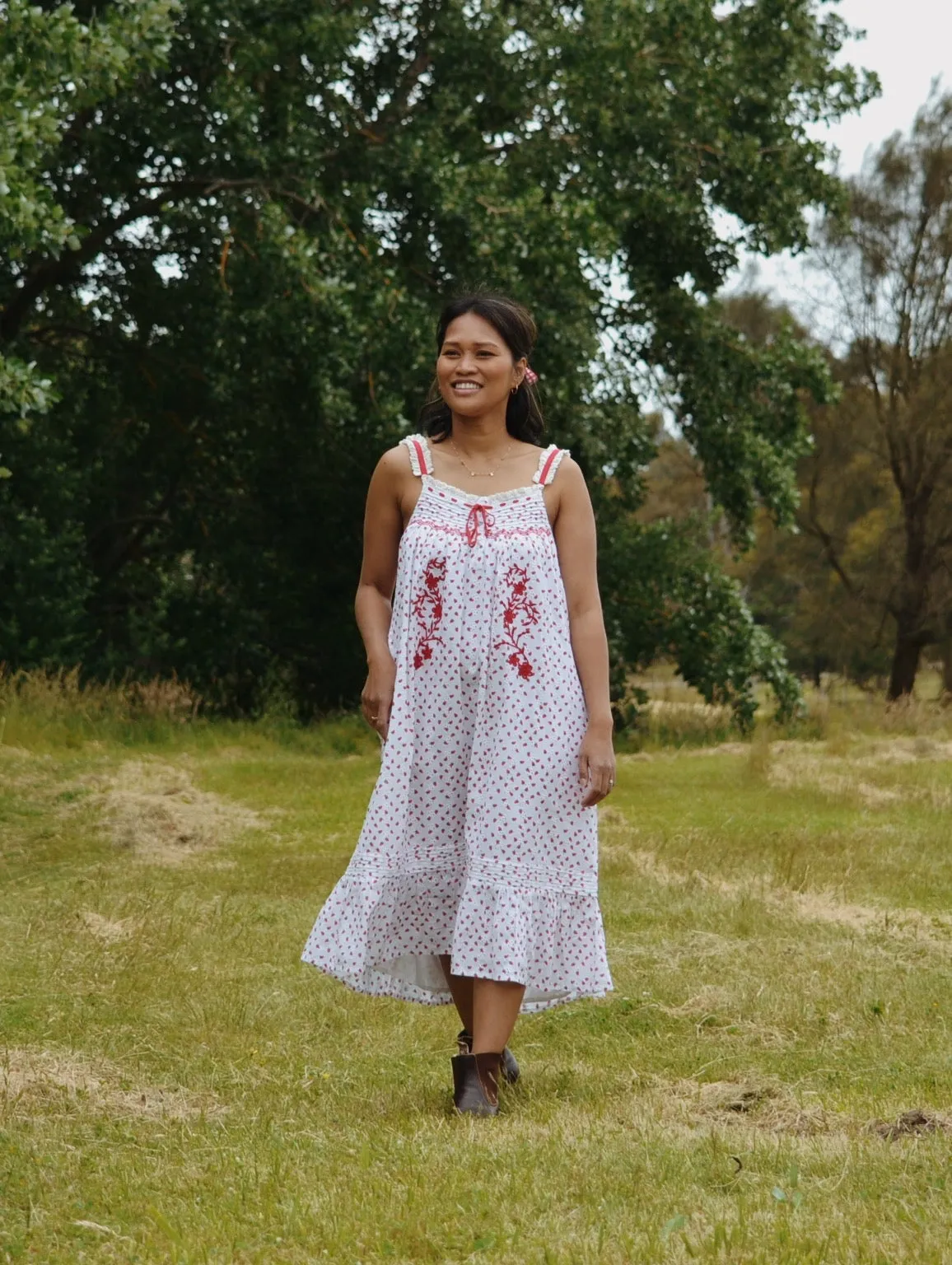 100% RECYCLED COTTON - NIGHTINGALE HAND SMOCKED DRESS STRAWBERRY EMBROIDERED COTTON