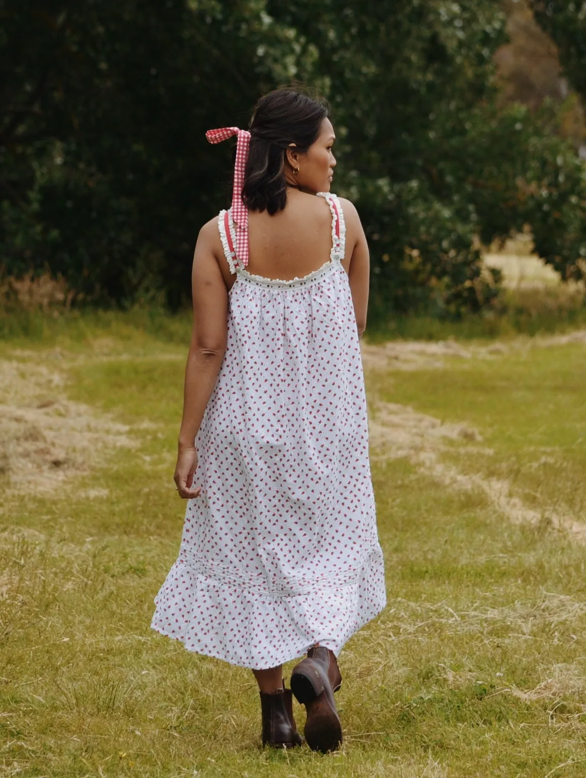 100% RECYCLED COTTON - NIGHTINGALE HAND SMOCKED DRESS STRAWBERRY EMBROIDERED COTTON