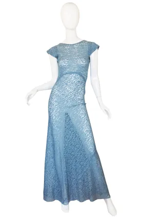 1930s Pale Blue Lace Ruffle Gown