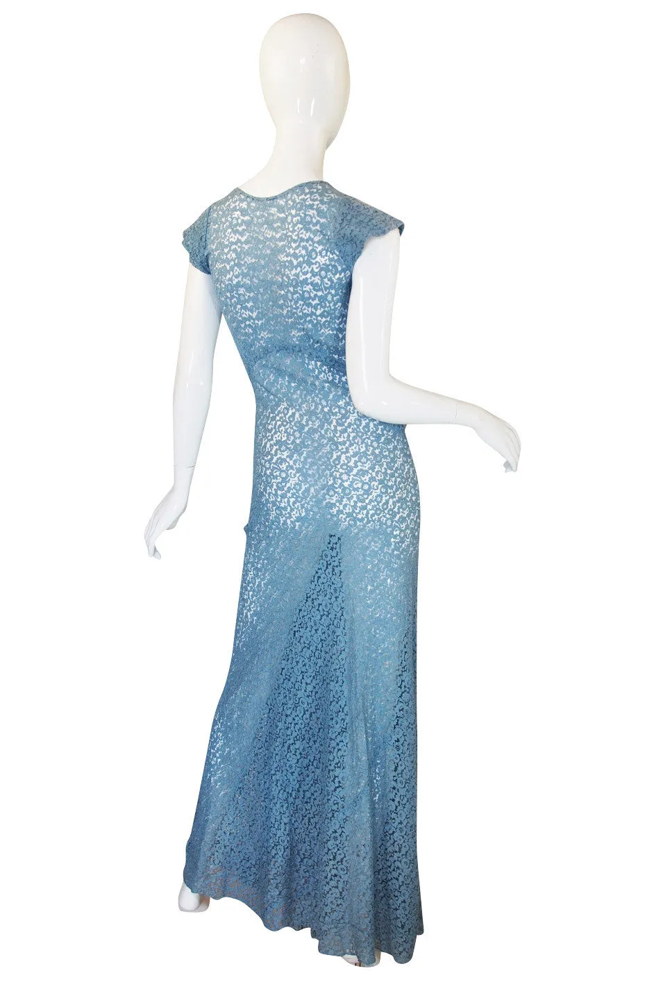 1930s Pale Blue Lace Ruffle Gown