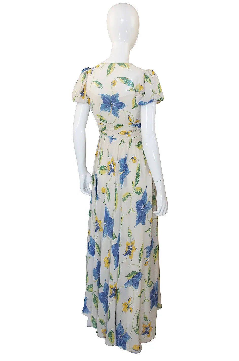 1930s Puffed Sleeve Floral Silk Chiffon Gown