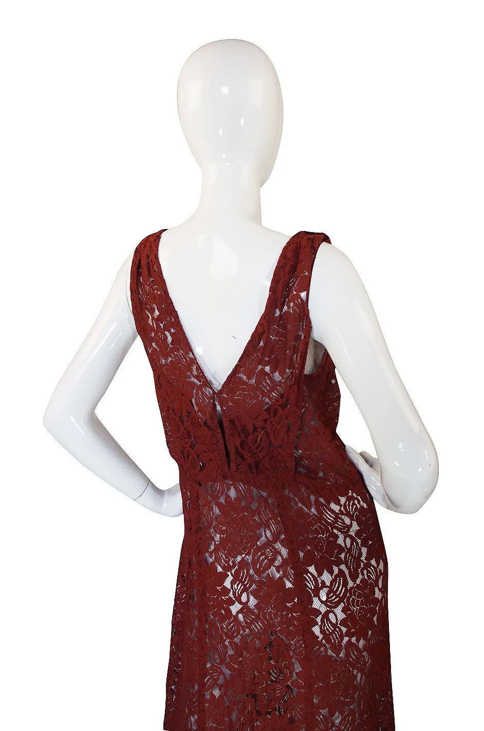 1930s Stunning Bias Cut Rust Lace Gown