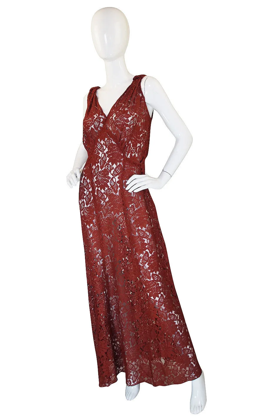 1930s Stunning Bias Cut Rust Lace Gown