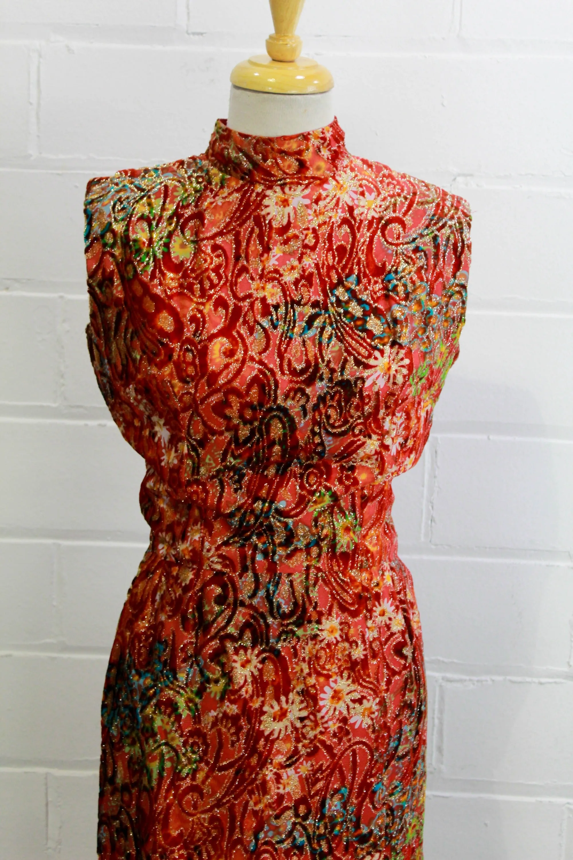 1970s Red Velvet Floral Maxi Dress, Small