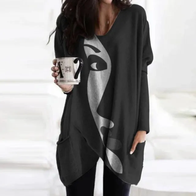 2021 Spring Autumn Women Abstract Face Print Blouse Shirt Long Sleeve Pockets Irregular Size S