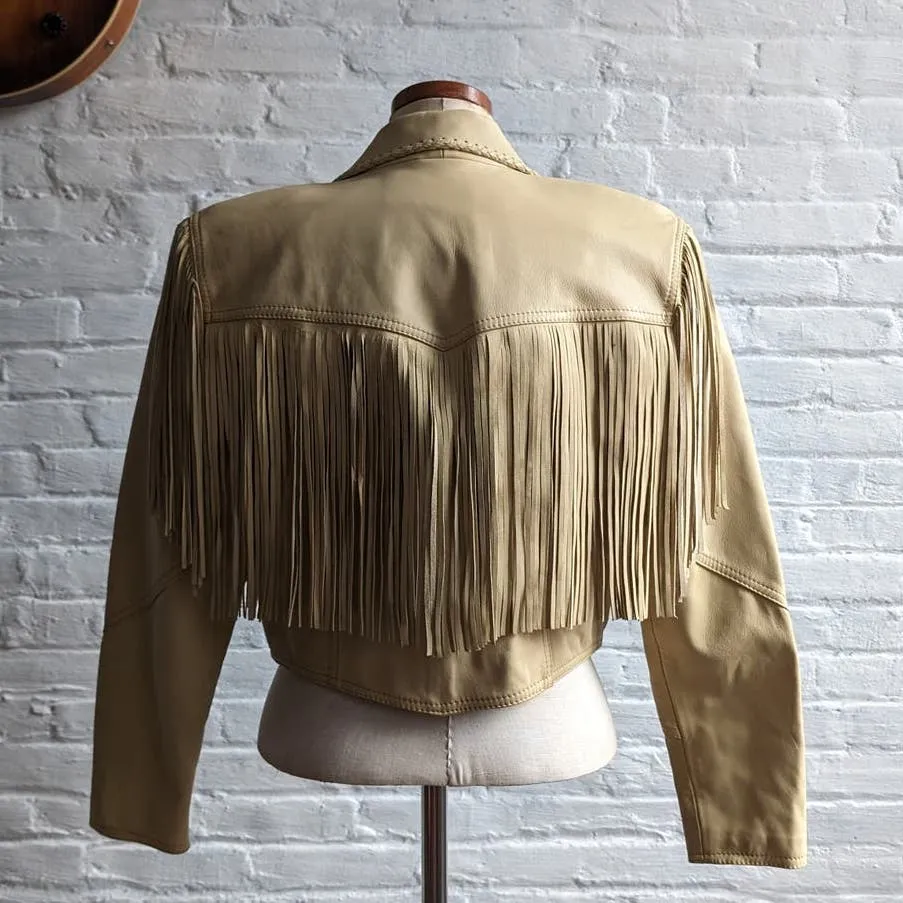 90s Vintage Neutral Leather Fringe Biker Jacket Cropped Tan Western Moto Shacket