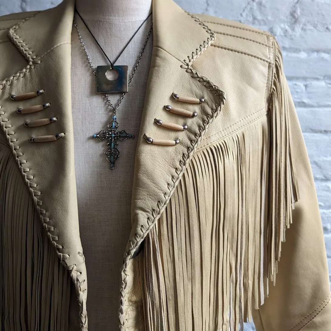 90s Vintage Neutral Leather Fringe Biker Jacket Cropped Tan Western Moto Shacket