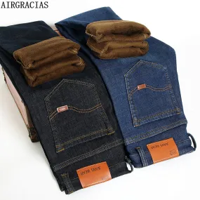 AIRGRACIAS Brand 2018 New Men's Thicken Fleece Elastic Jeans Fashion Business Classic Winter Jeans Denim Pants Trousers For Male