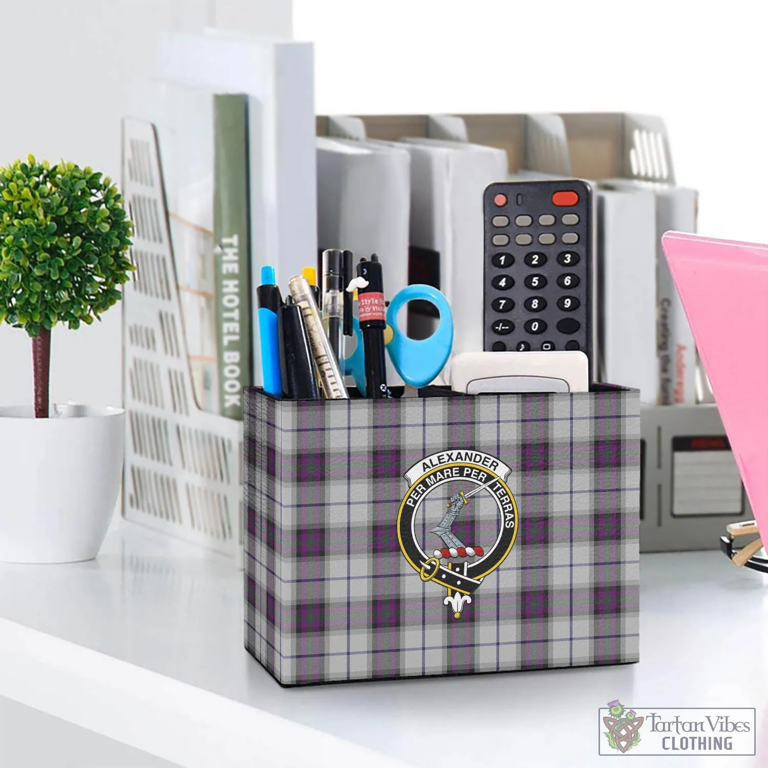 Alexander of Menstry Dress Tartan Pen Holder with Family Crest