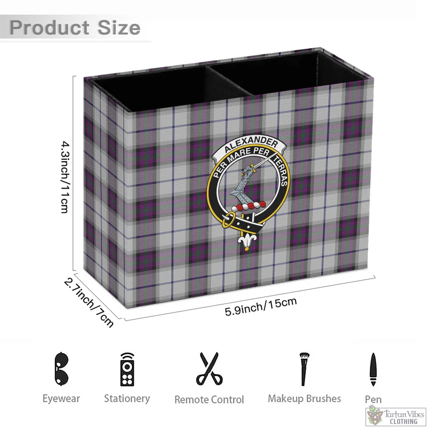 Alexander of Menstry Dress Tartan Pen Holder with Family Crest