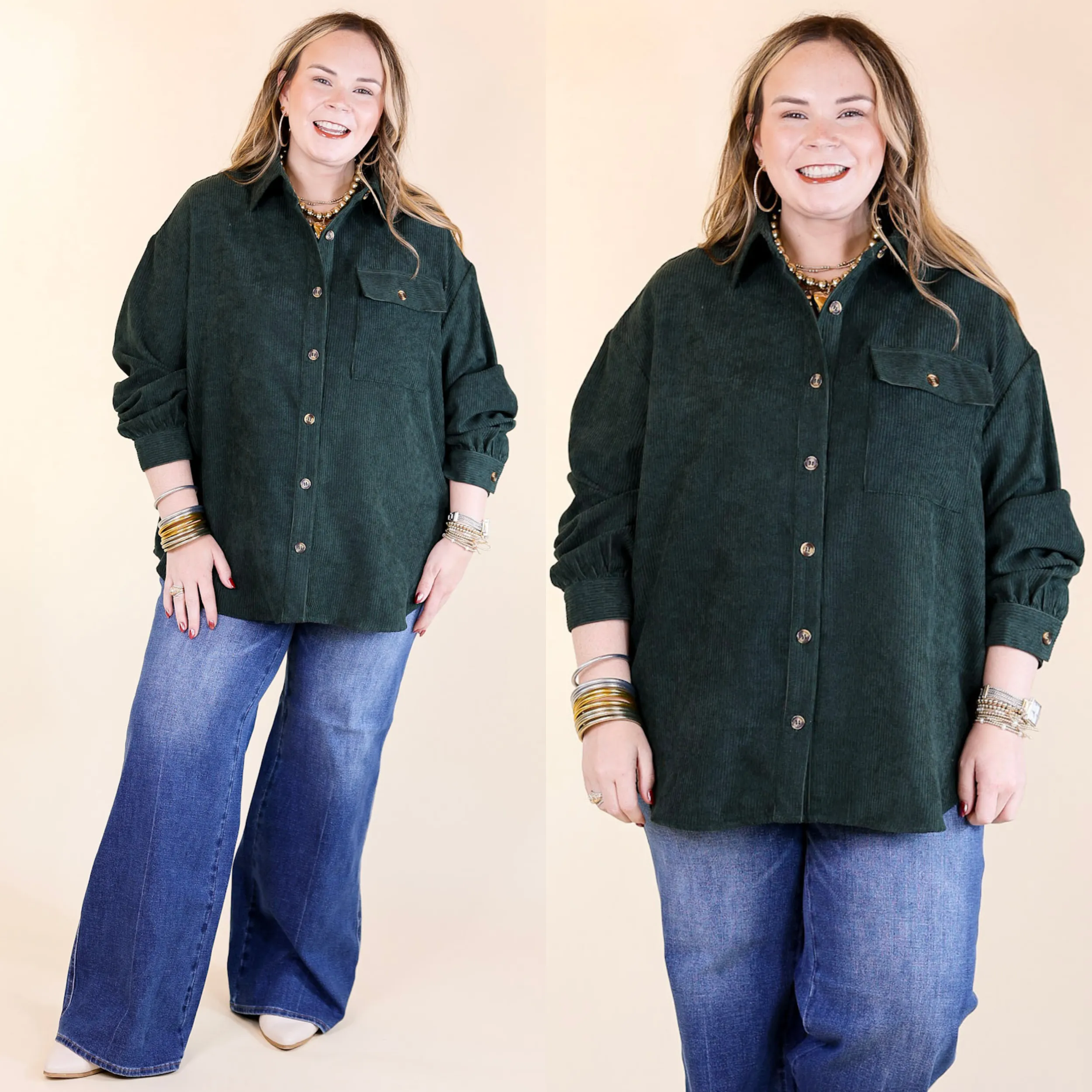 All Dolled Up Button Up Corduroy Shacket in Forest Green