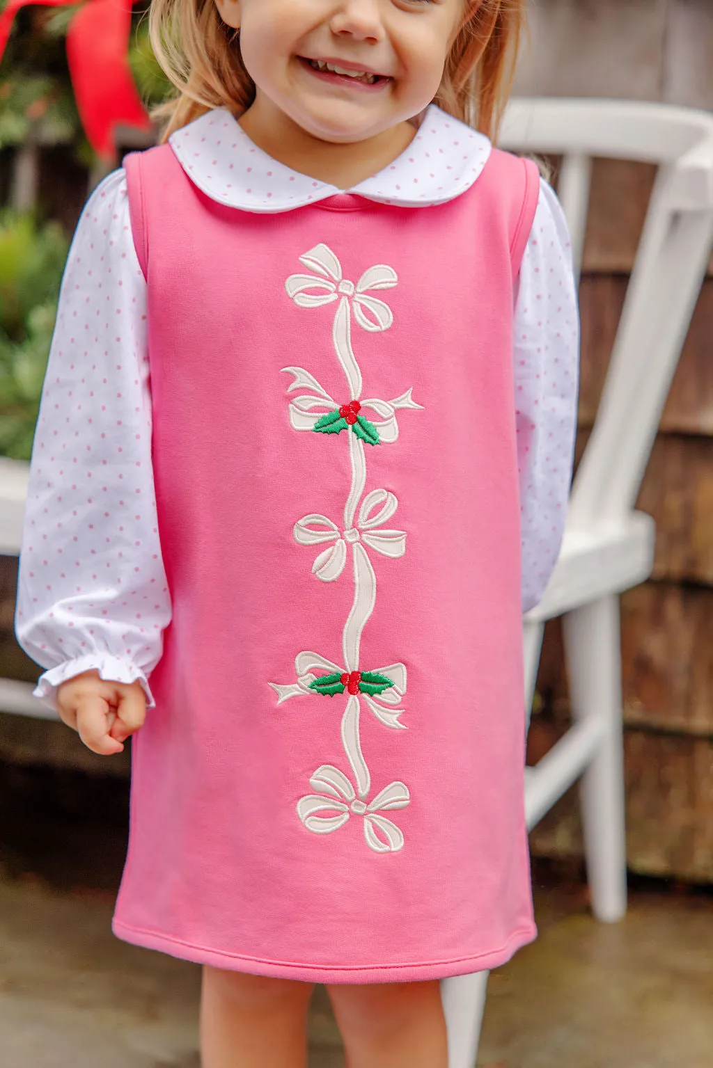 Annie Apron Dress - Romany Rose with Bows & Holly Appliques