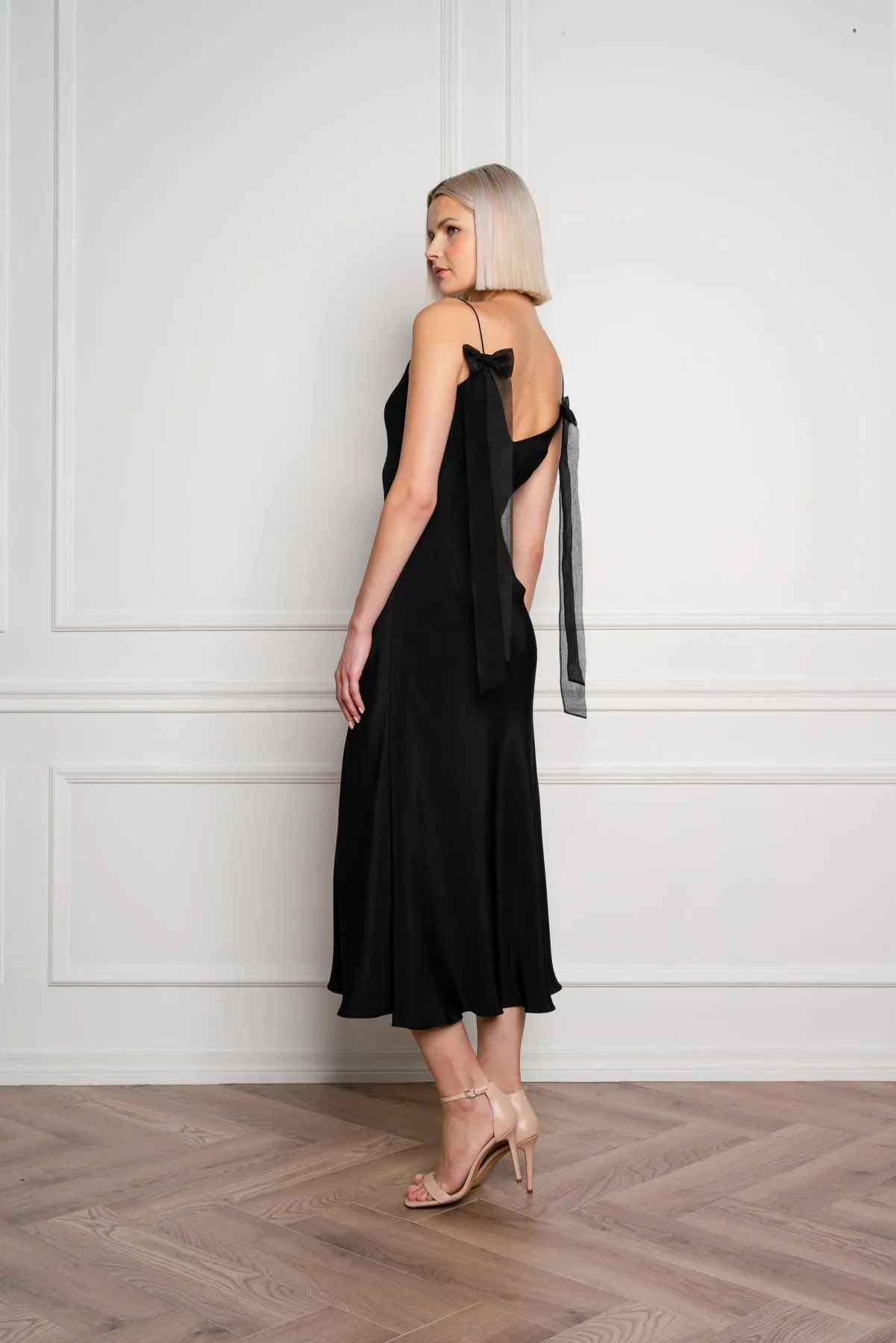 ARIA BLACK SILK SLIP DRESS WITH BOW DETAILS