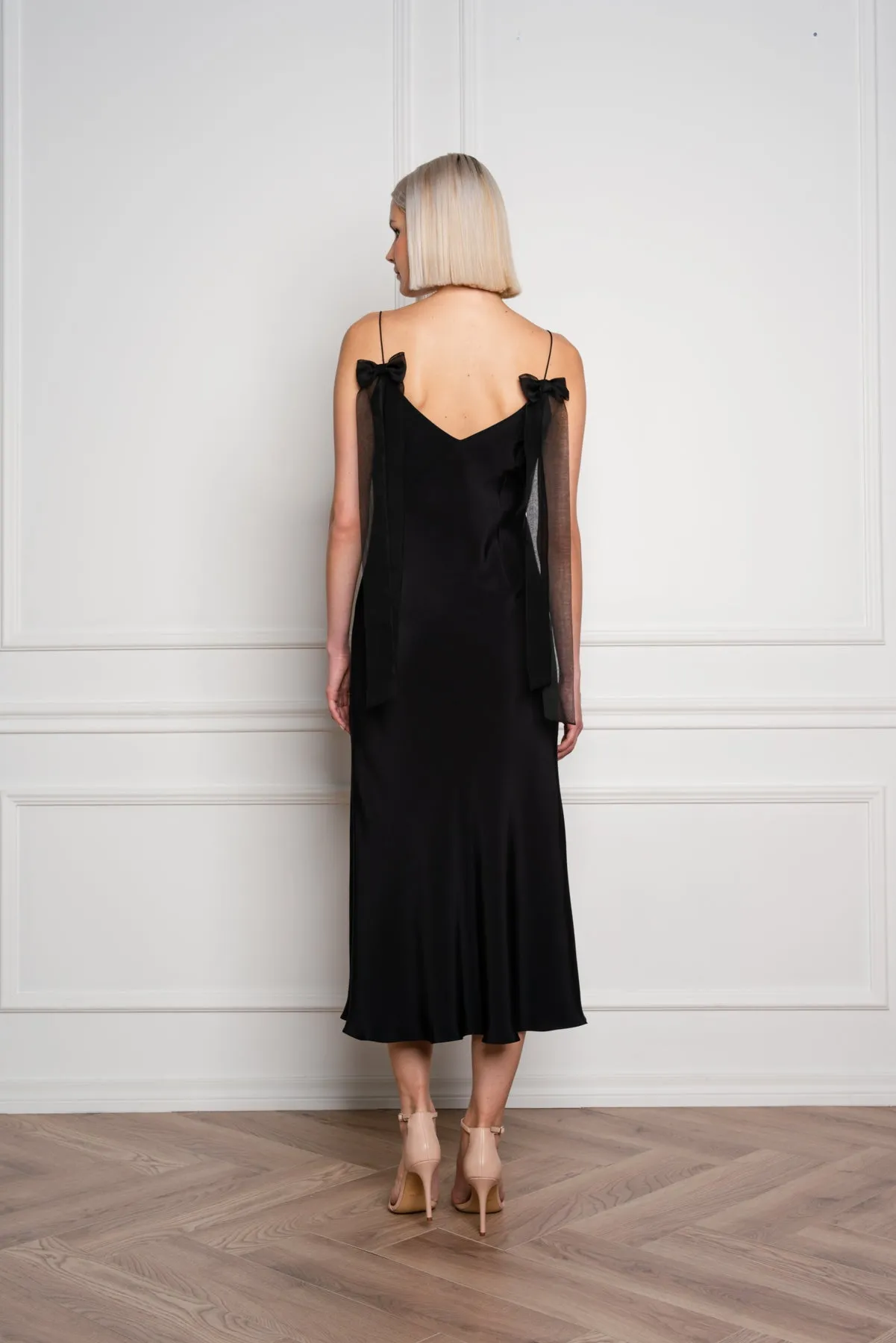 ARIA BLACK SILK SLIP DRESS WITH BOW DETAILS