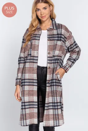 Basic Plus Long Sleeve w/ big Pocket detail plaid jacquard shirt long jacket-J73260