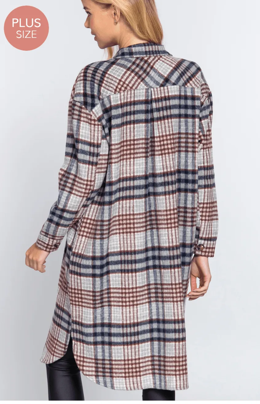 Basic Plus Long Sleeve w/ big Pocket detail plaid jacquard shirt long jacket-J73260