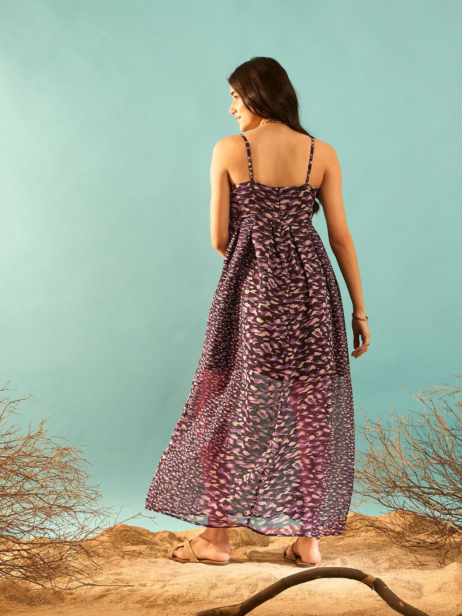 Berrylush Women Black & Purple Animal Printed V-Neck Sleeveless Flared Maxi Dress