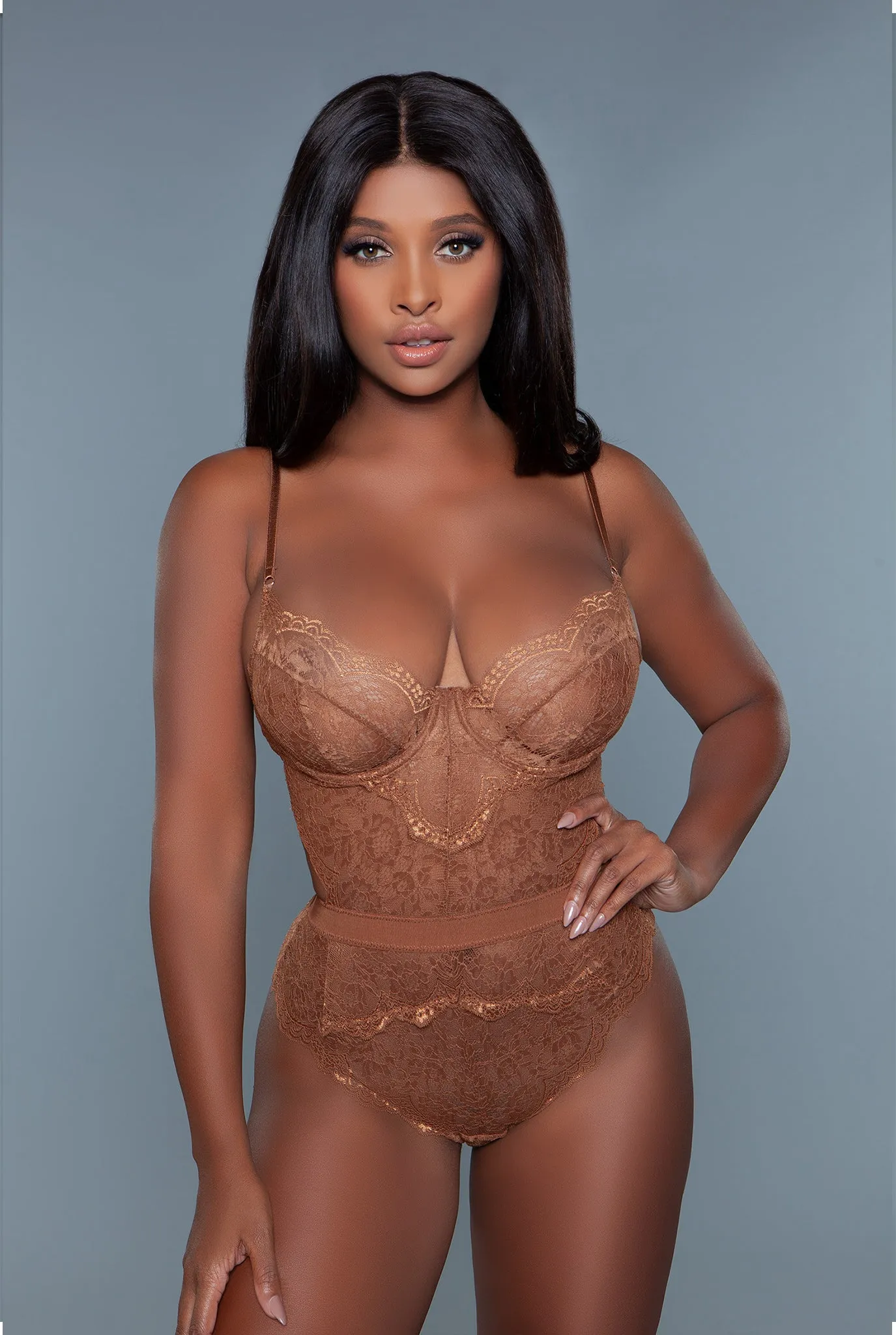 Bettany Bodysuit, Allover Lace Design Teddy with Adjustable Spaghetti Straps