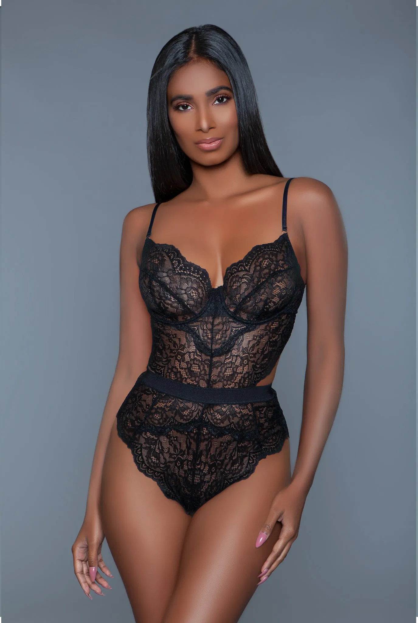 Bettany Bodysuit, Allover Lace Design Teddy with Adjustable Spaghetti Straps