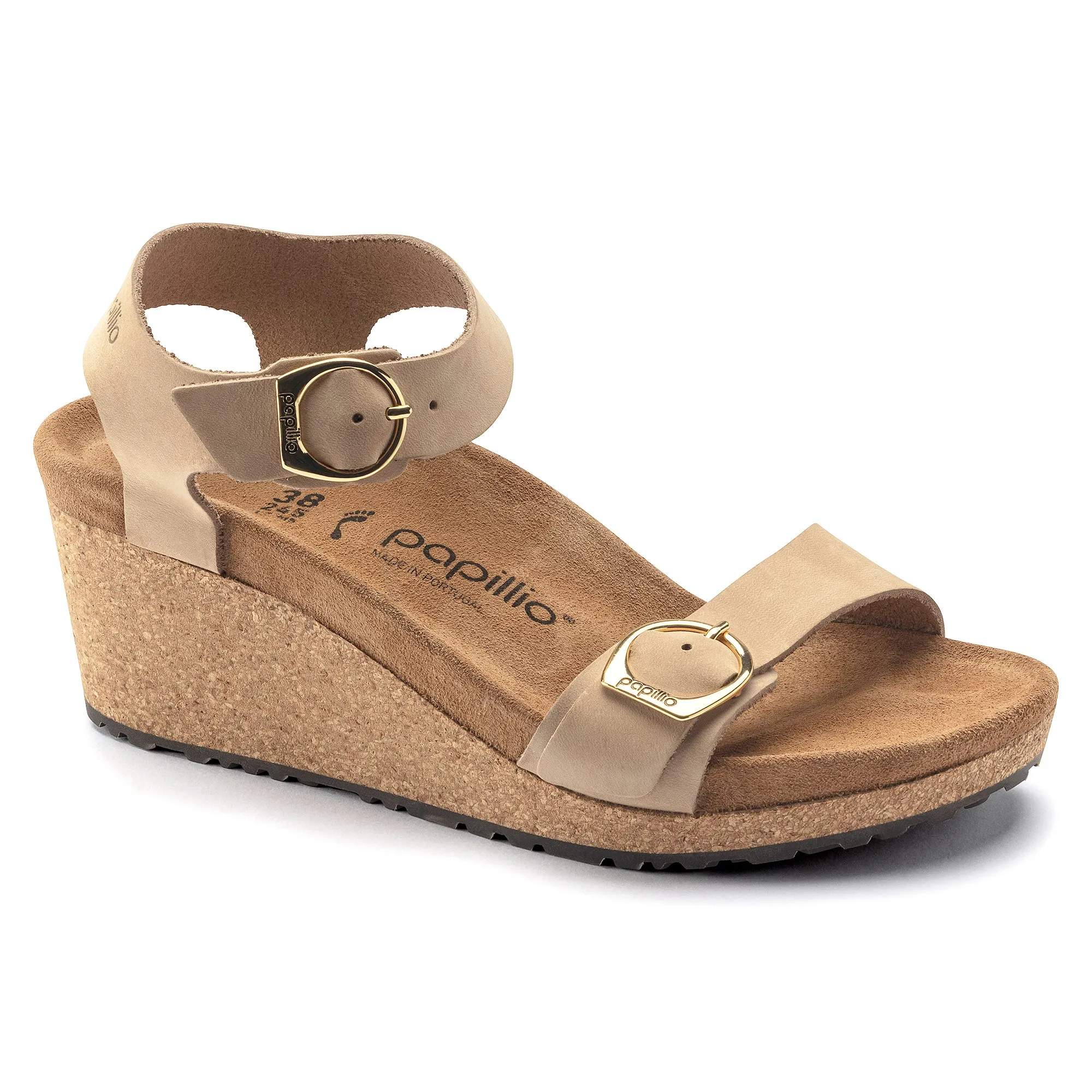 Birkenstock Soley Ring-Buckle Nubuck Leather Wedge Sandal in Sandcastle