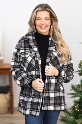 Black and Grey Plaid Sherpa Shacket