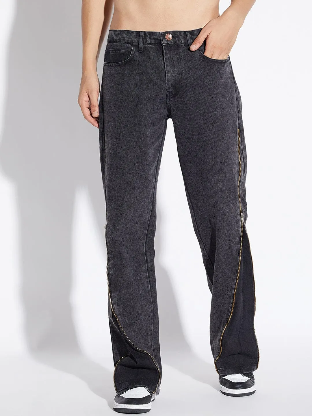 Black Zipped Adjustable Flared Denim