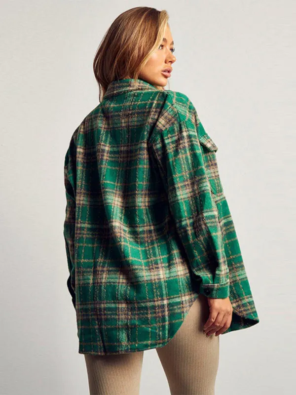 Bohemian Green Plaid Soft Flannel Casual Pocket Shirt Jacket