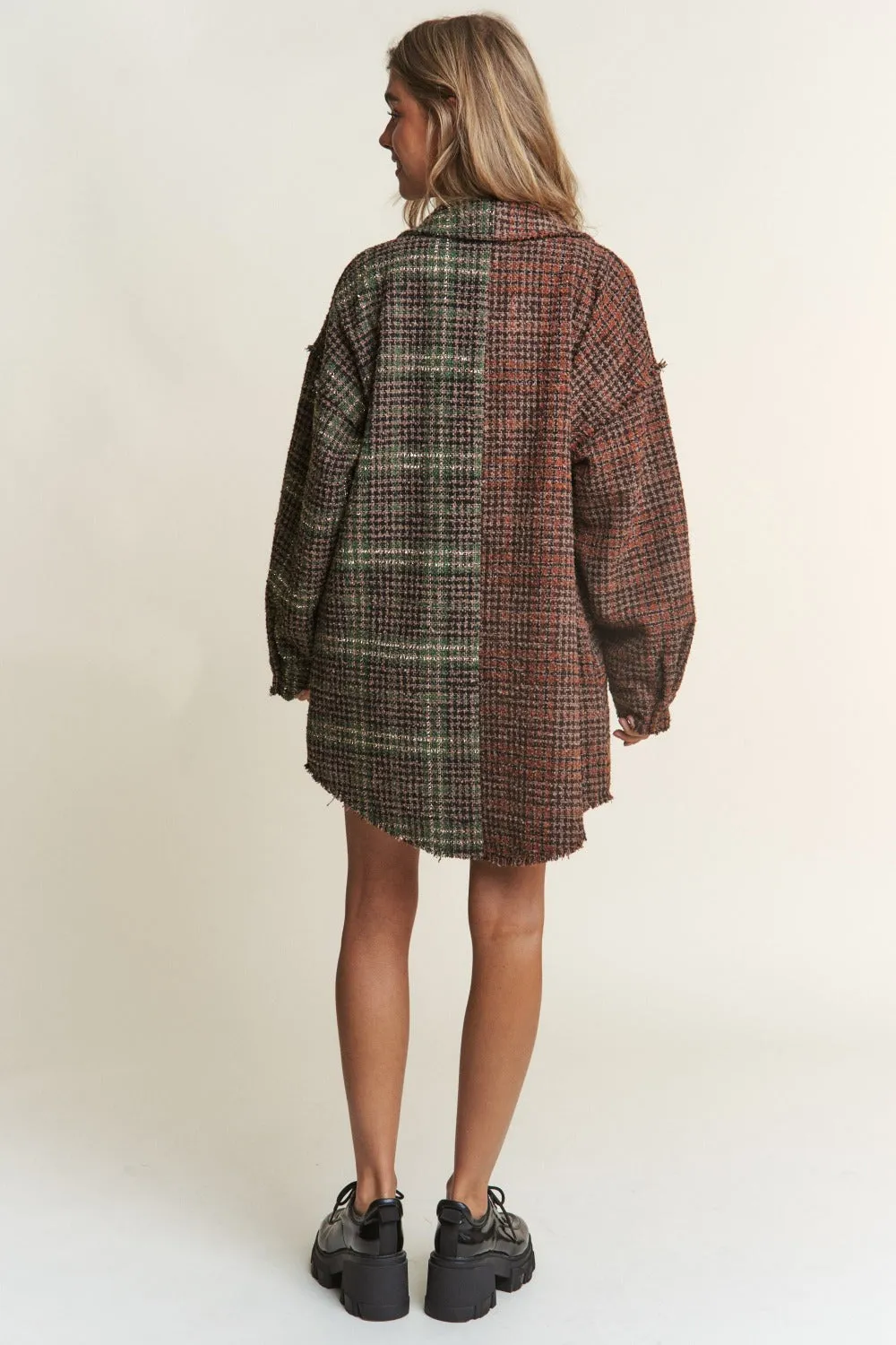 Bohemian Snap Down Tweed Plaid Contrast Longline Shacket