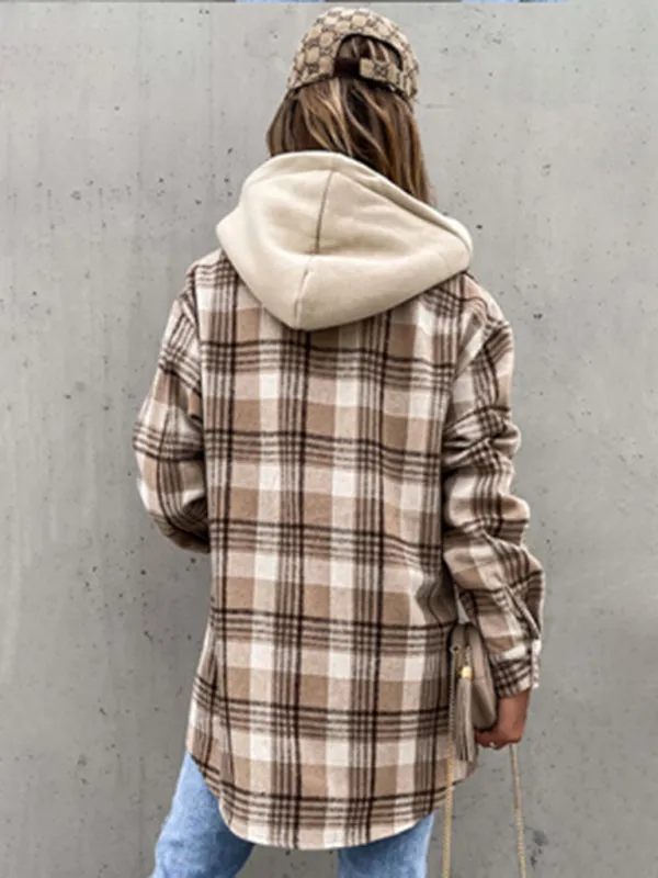 Bohemian Women's Plaid Flannel Hooded Shirt Jacket Coat