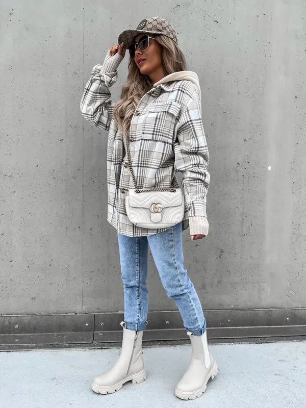 Bohemian Women's Plaid Flannel Hooded Shirt Jacket Coat