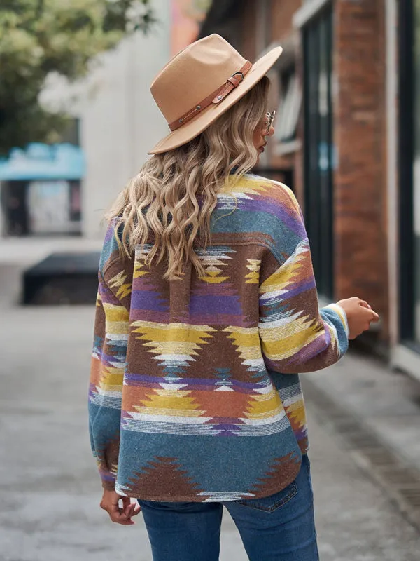 Boho Western Aztec Pattern Collared Pocket Jacket