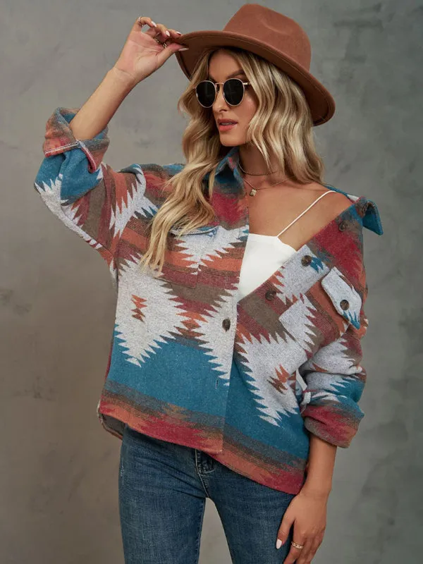 Boho Western Aztec Pattern Collared Pocket Jacket