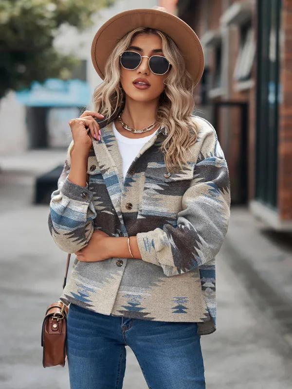 Boho Western Aztec Pattern Collared Pocket Jacket