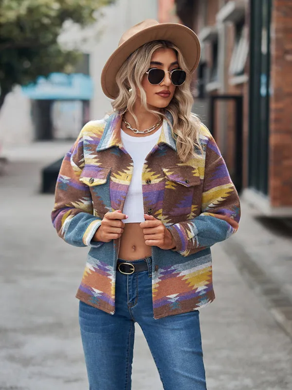 Boho Western Aztec Pattern Collared Pocket Jacket