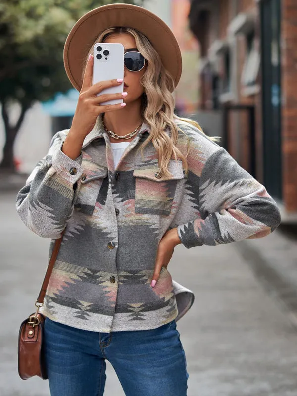 Boho Western Aztec Pattern Collared Pocket Jacket