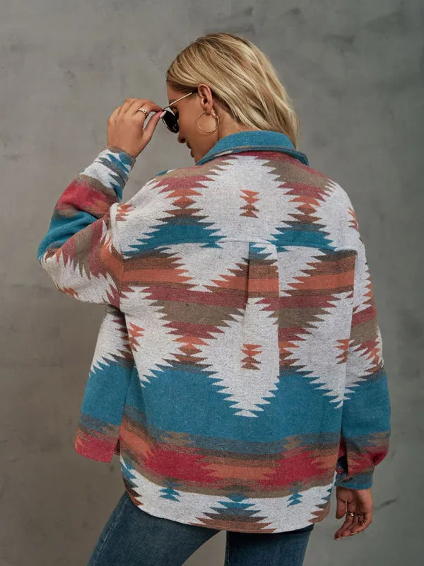 Boho Western Aztec Pattern Collared Pocket Jacket