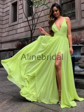 Bright Yellow Chiffon V-neck Slip A-line Summer Wedding Bridesmaid Dresses , AB4098