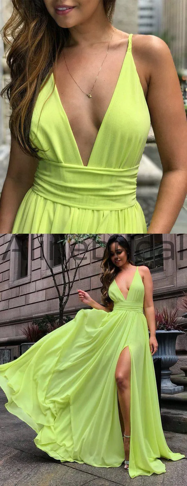 Bright Yellow Chiffon V-neck Slip A-line Summer Wedding Bridesmaid Dresses , AB4098