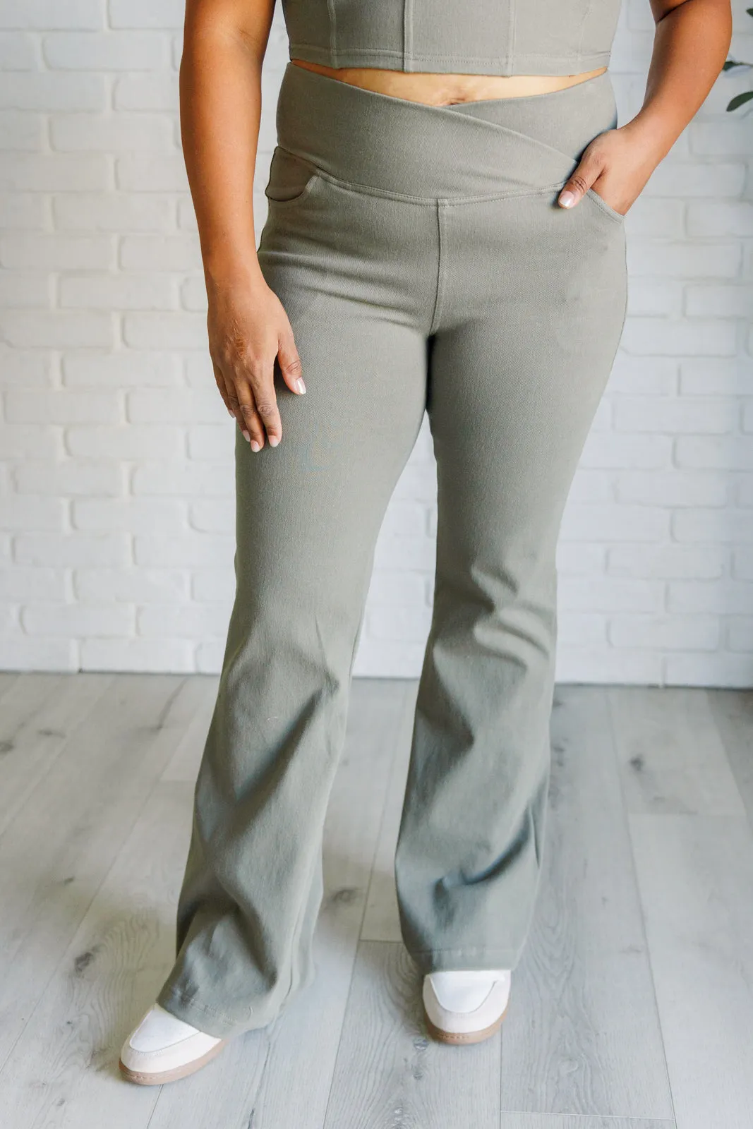 Building Habits Twill Flared Crossover Waist Pant in Dusty Olive