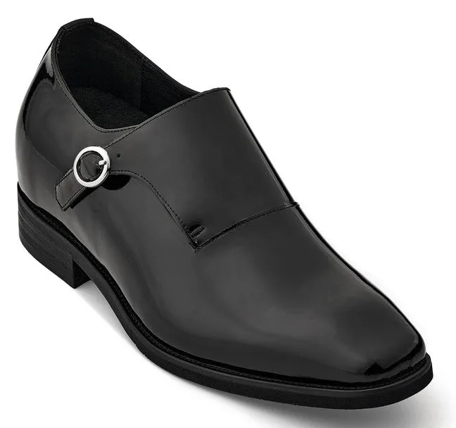 CALTO - Y1182 - 3.2 Inches Taller (Black) - Monk Strap Slip-On Patent Leather Dress Oxford