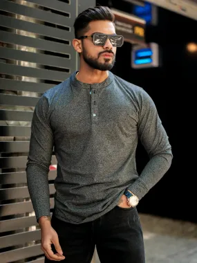 Charcoal Grey Self Design Henley T-Shirt